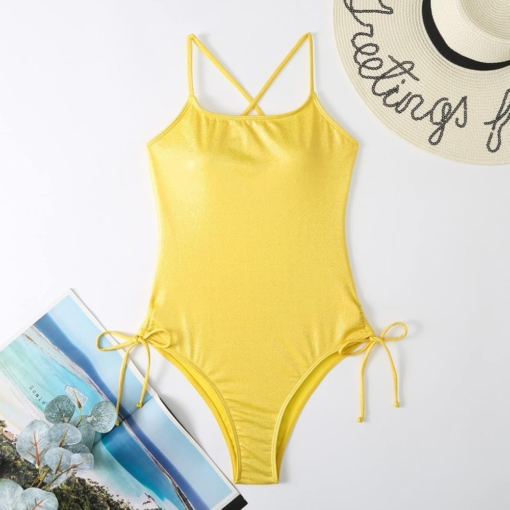 Yellow Glittery One Piece Strappy Tie Back Swimsuit
